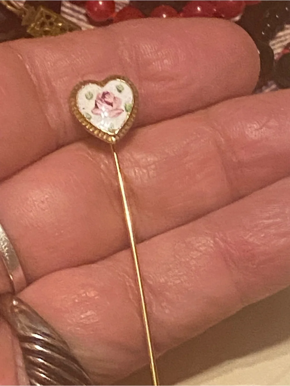 Vintage Porcelain Floral Stick Pin Set • Rose Heart & Forget-Me-Not Gold Tone